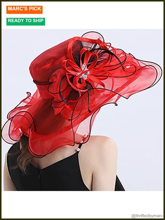 Organza Fedora Hat with Floral Decoration Wide Brim Adjustable Sun Protection